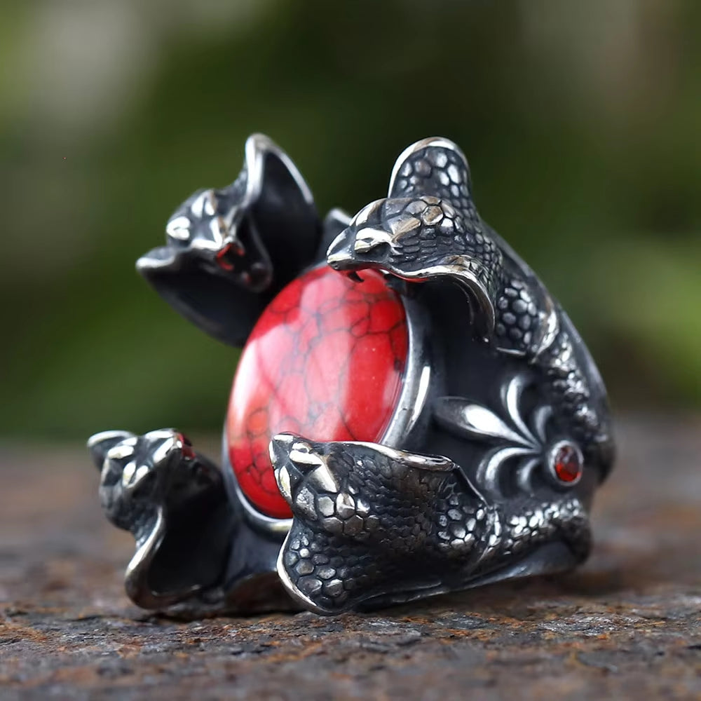 Four Cobra Head Red Stone Stainless Steel Ring