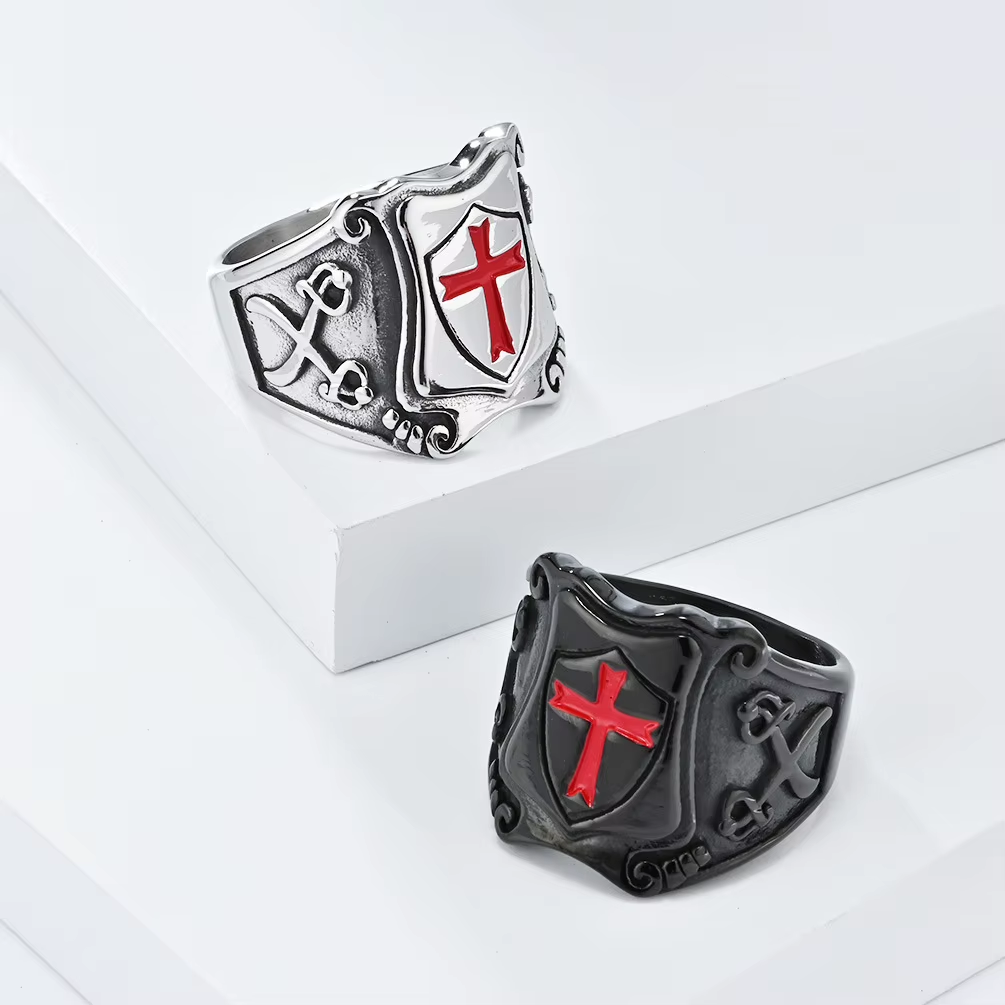 Knights Templar Red Cross Shield Stainless Steel Ring