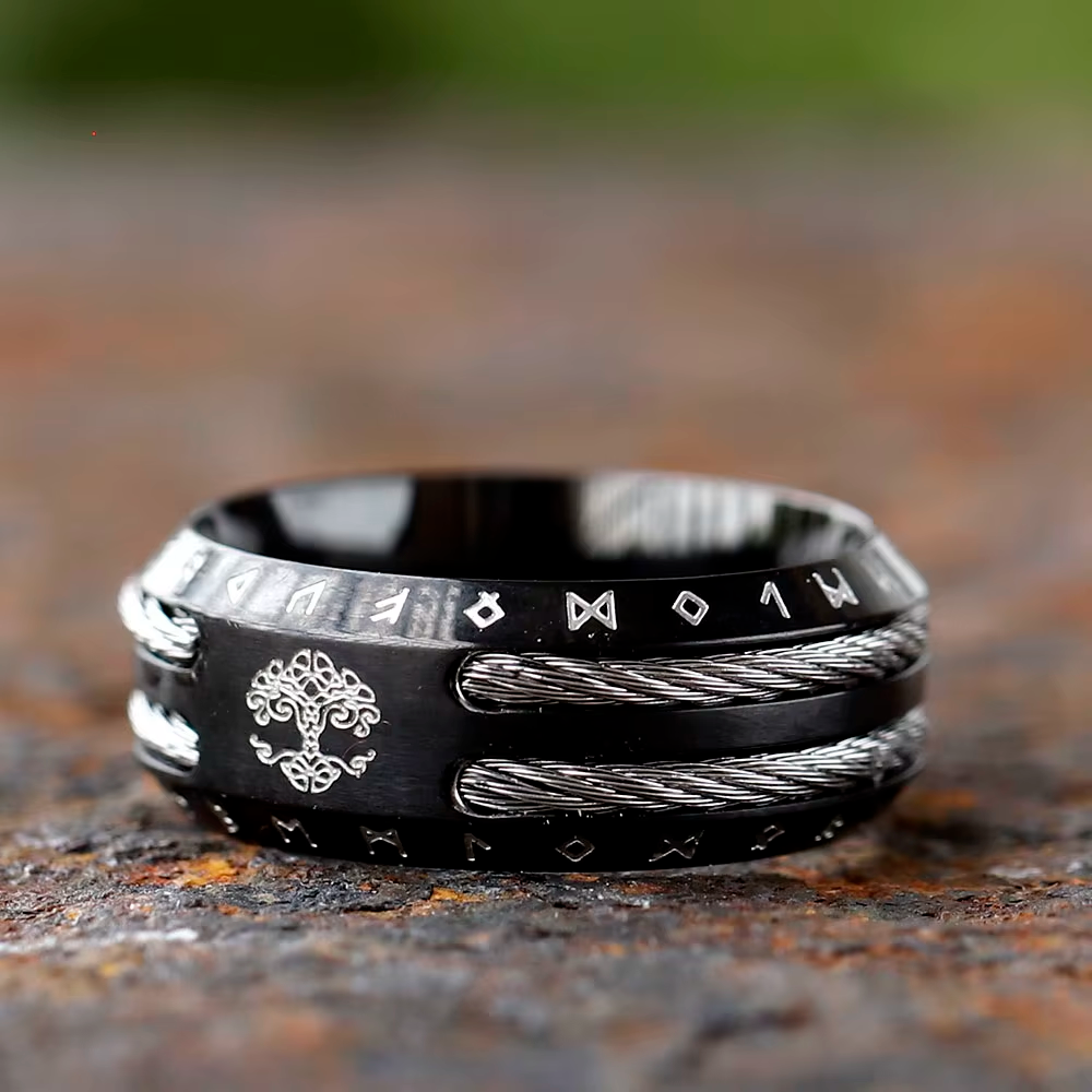 Yggdrasil Rune Wire Inlay Stainless Steel Ring