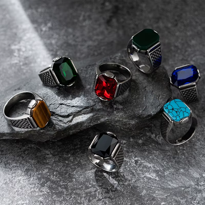 Rectangular Gemstone Grid Band Stainless Steel Ring