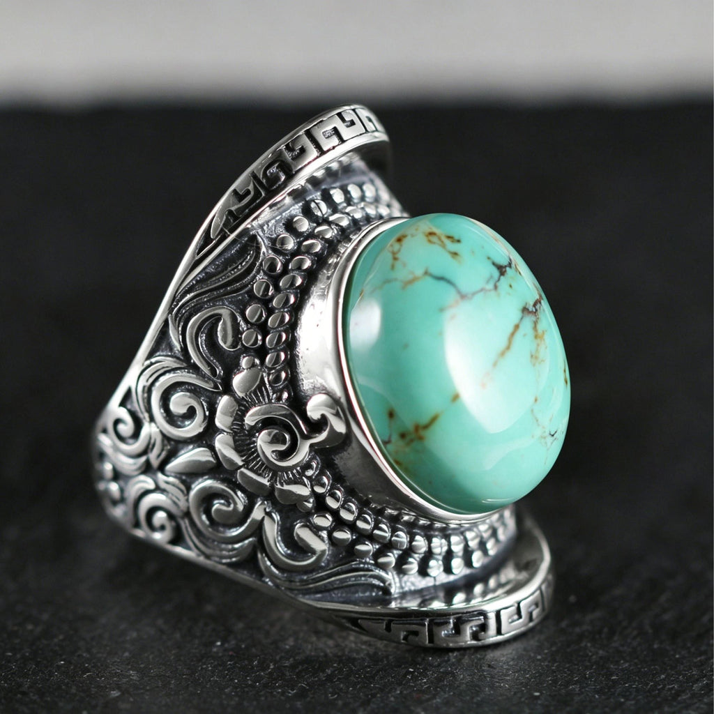 Vintage Filigree Carved Turquoise 925 Sterling Silver Ring