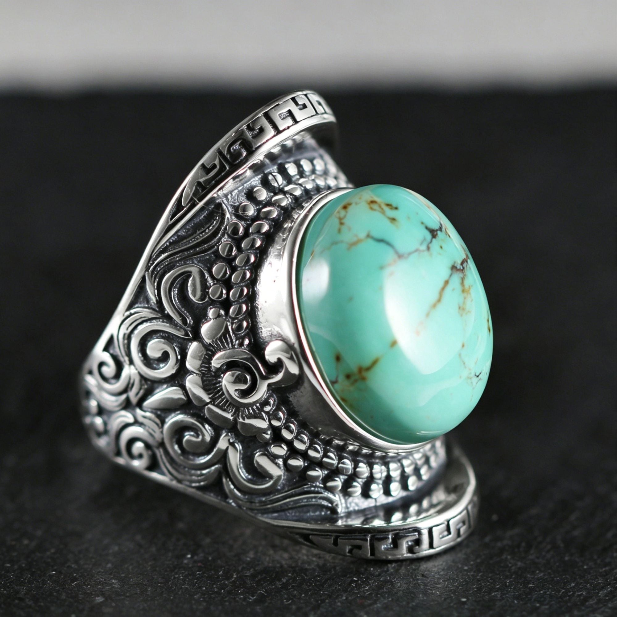 Vintage Filigree Carved Turquoise 925 Sterling Silver Ring