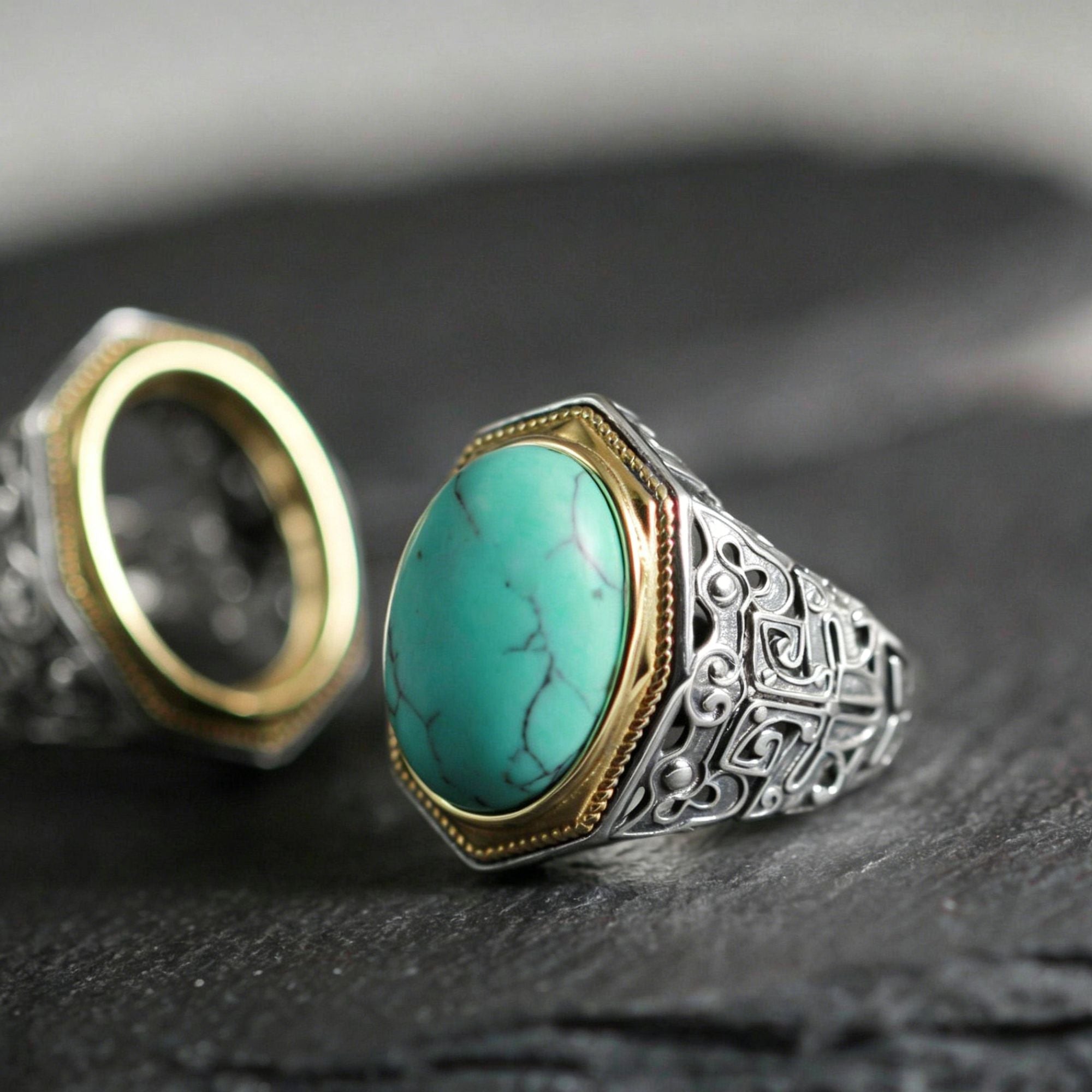 Ornate Openwork Turquoise 925 Sterling Silver Ring