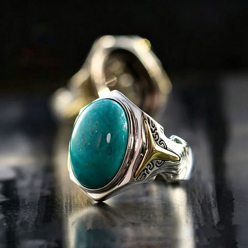Natural Turquoise Statement Ring 925 Sterling Silver with Gold Triangle Accent