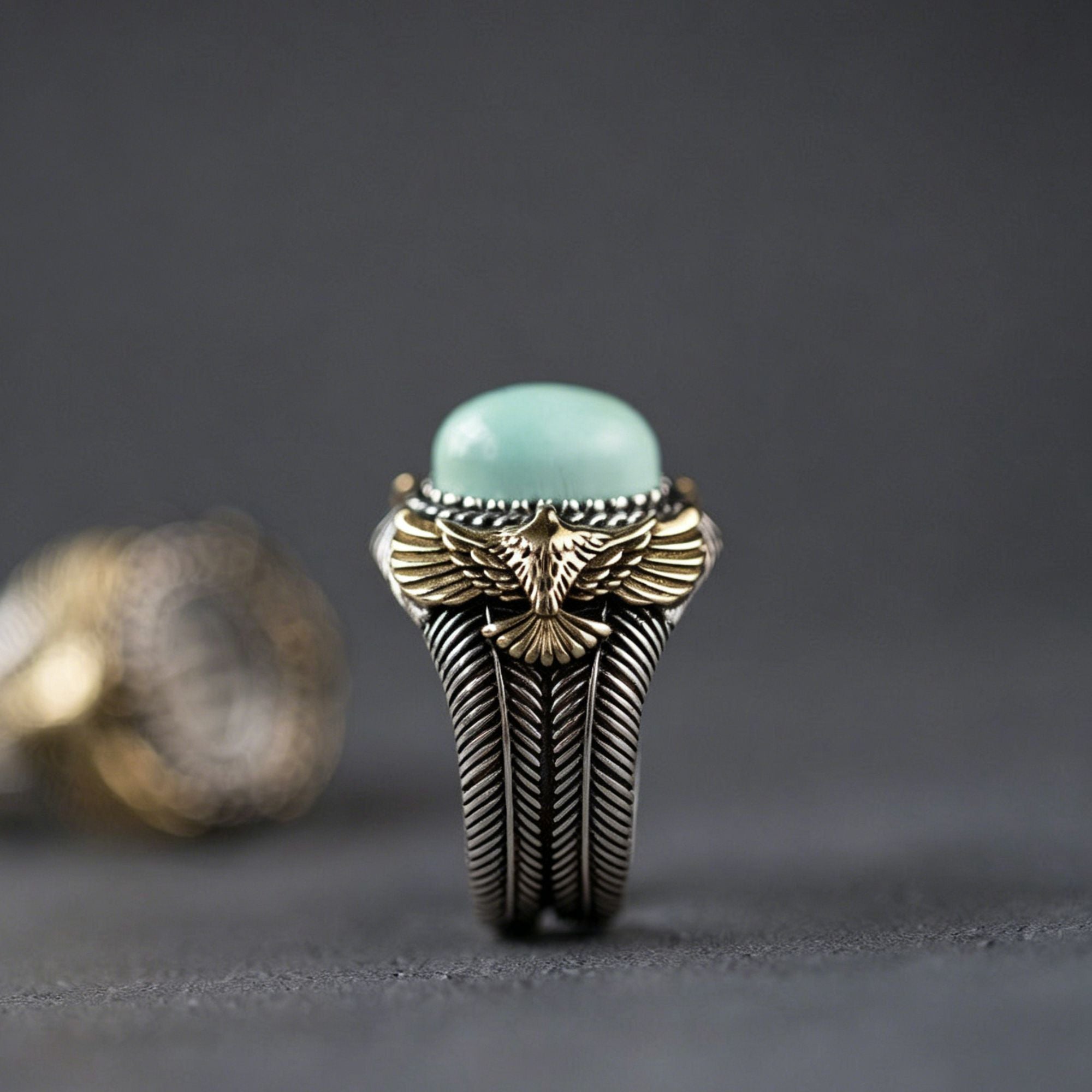 925 Sterling Silver Ring with Turquoise and Eagle Feather Motif