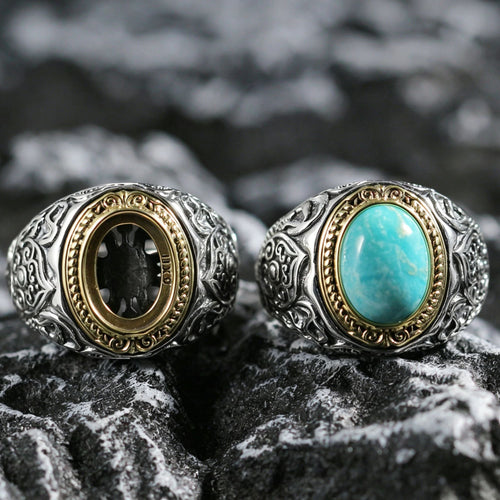 925 Sterling Silver Natural Turquoise Ring with Engraved Scrollwork