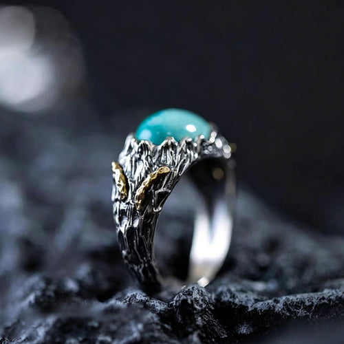 925 Sterling Silver Natural Turquoise Ring with Twisted Gold Accents