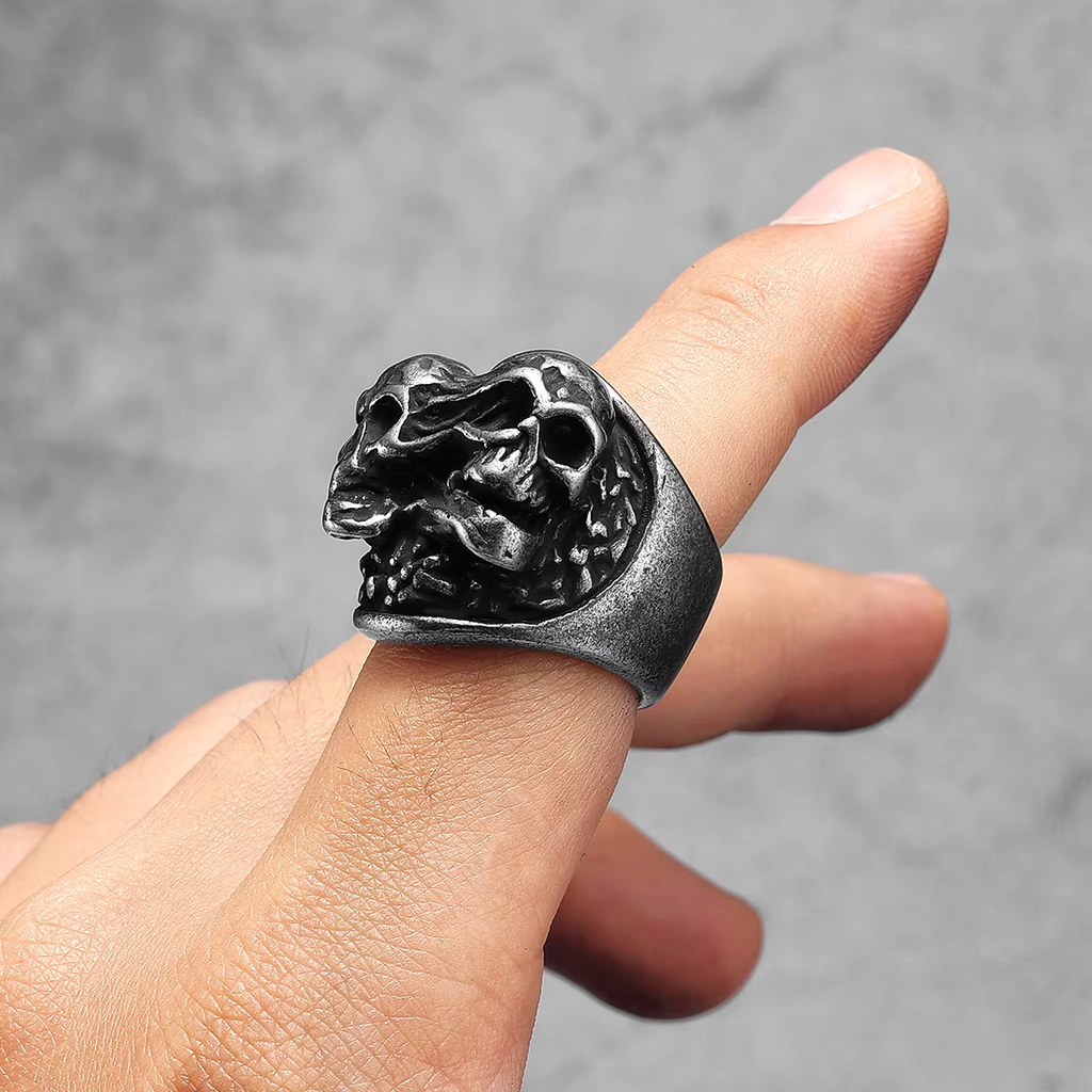 Split Personality Twin Skull Gothic Biker Ring