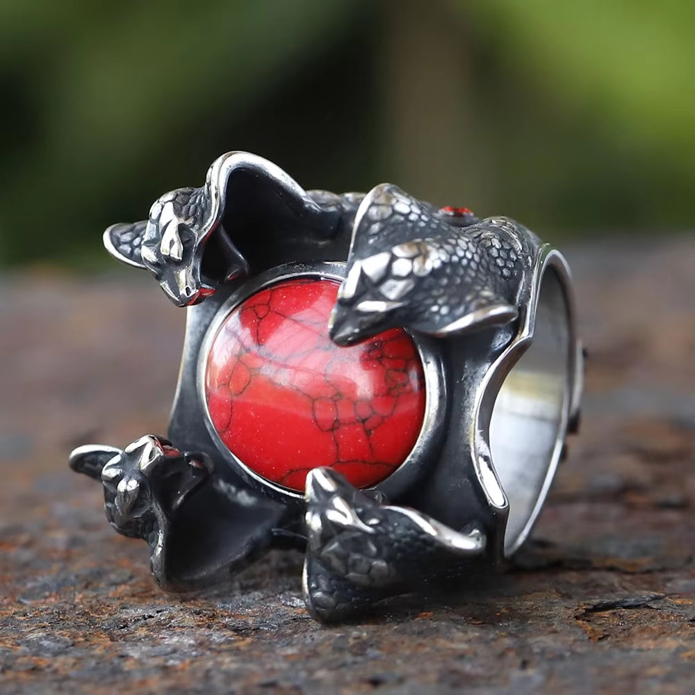 Four Cobra Head Red Stone Stainless Steel Ring