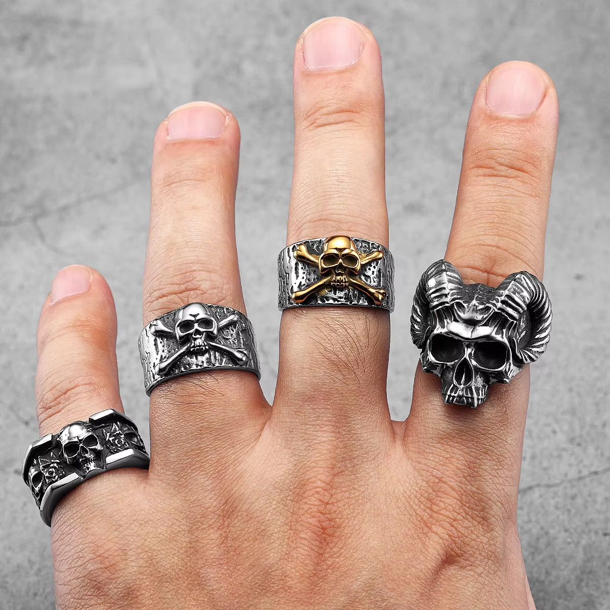Satanic Ram Horn Skull Stainless Steel Statement Ring