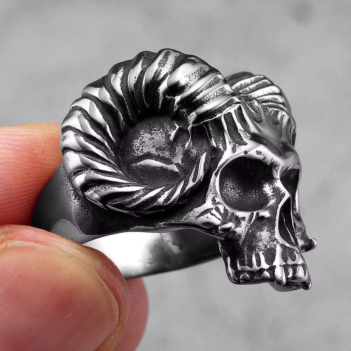 Satanic Ram Horn Skull Stainless Steel Statement Ring