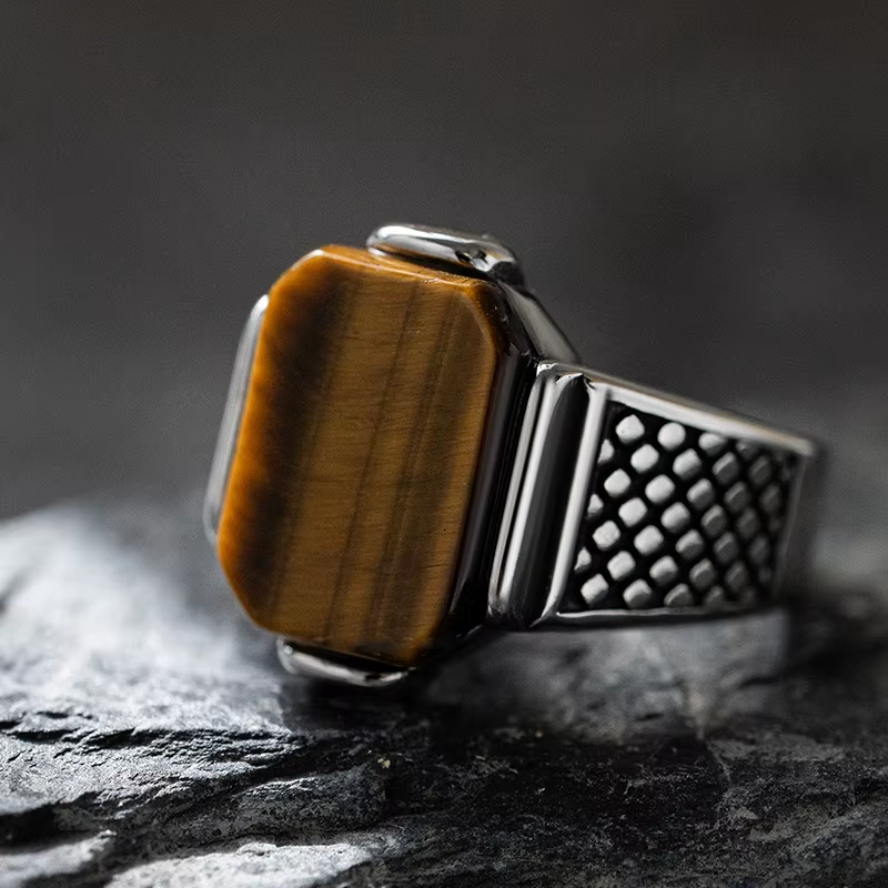 Rectangular Gemstone Grid Band Stainless Steel Ring