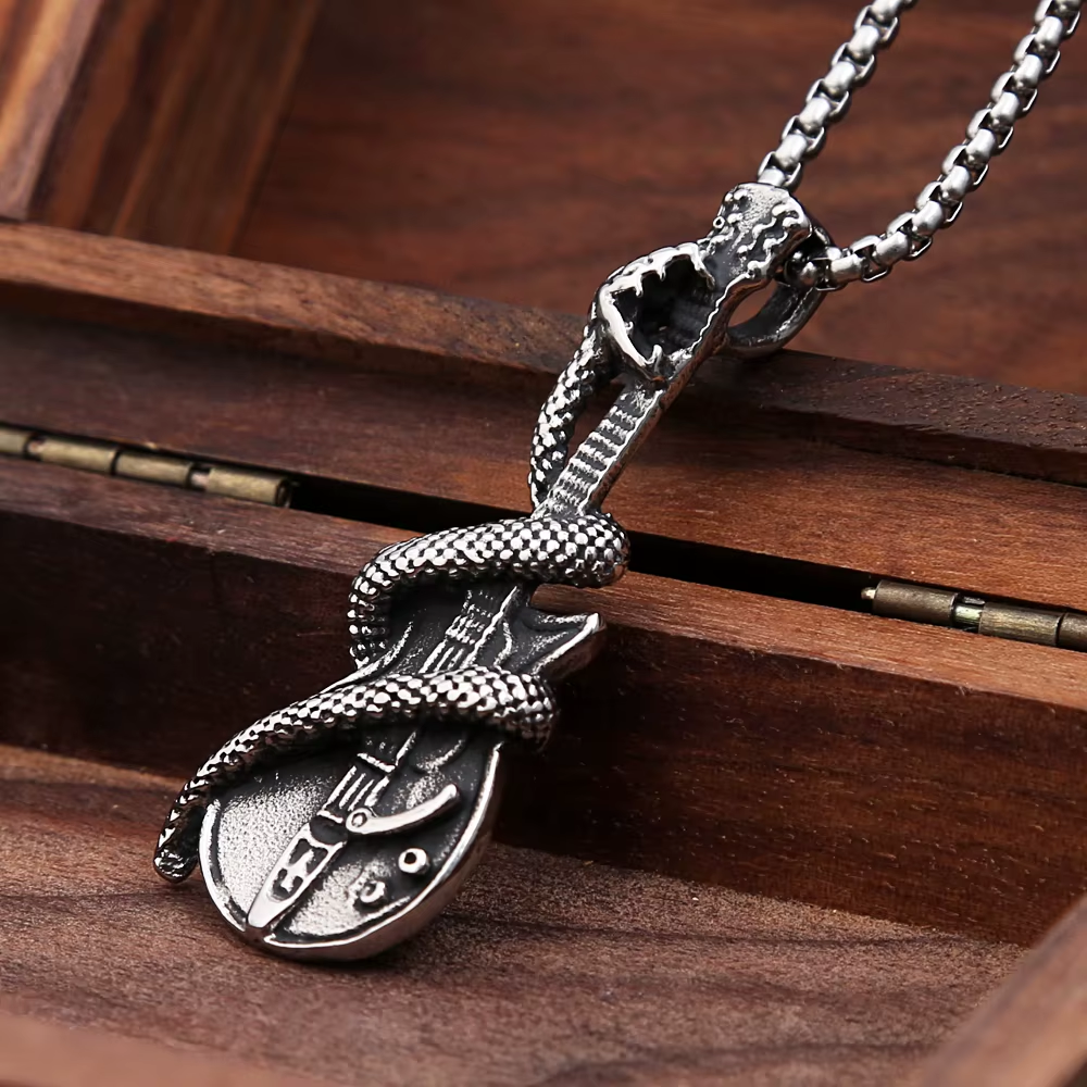 Snake Wrapped Electric Guitar Stainless Steel Pendant