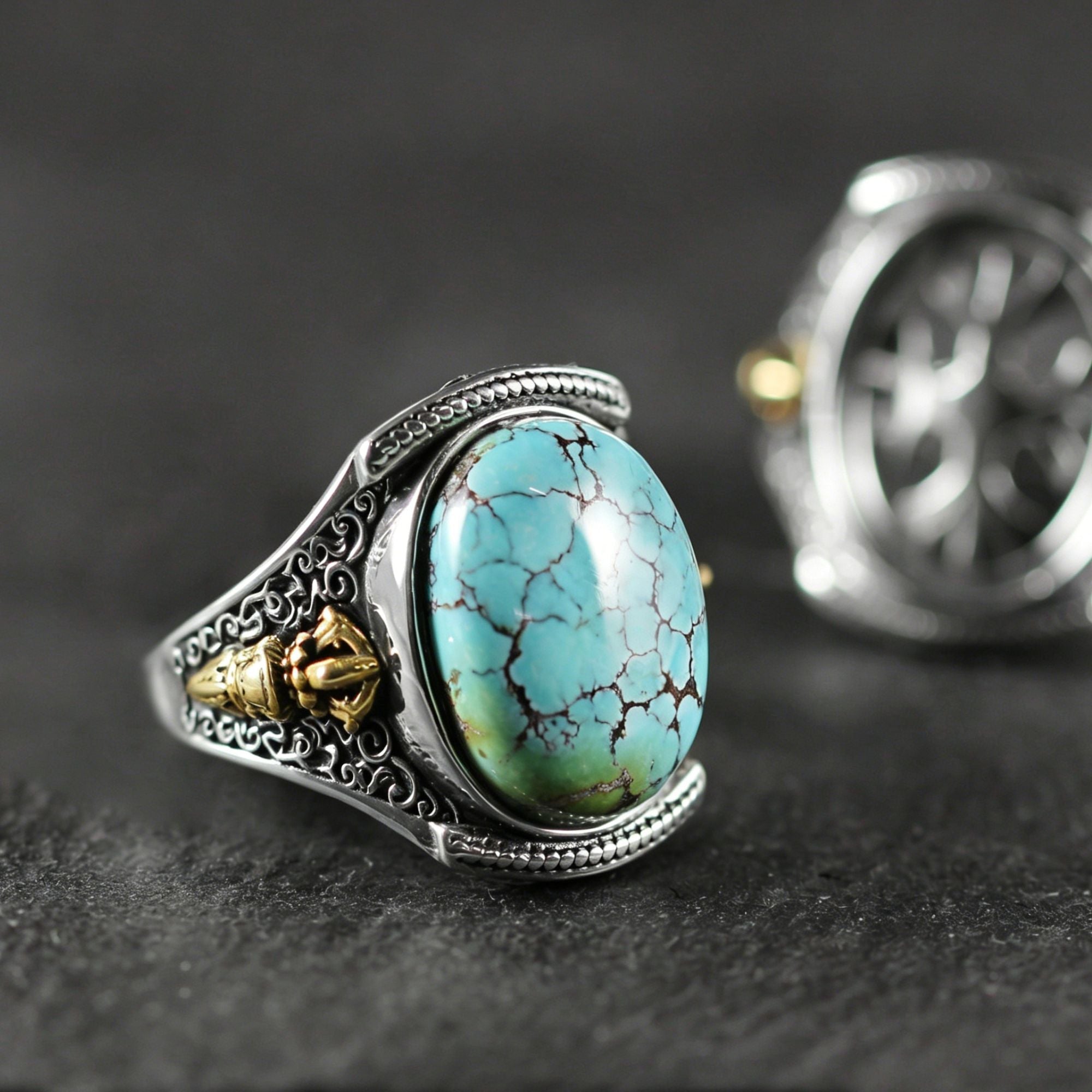 Vajra Turquoise 925 Sterling Silver Rotating Ring