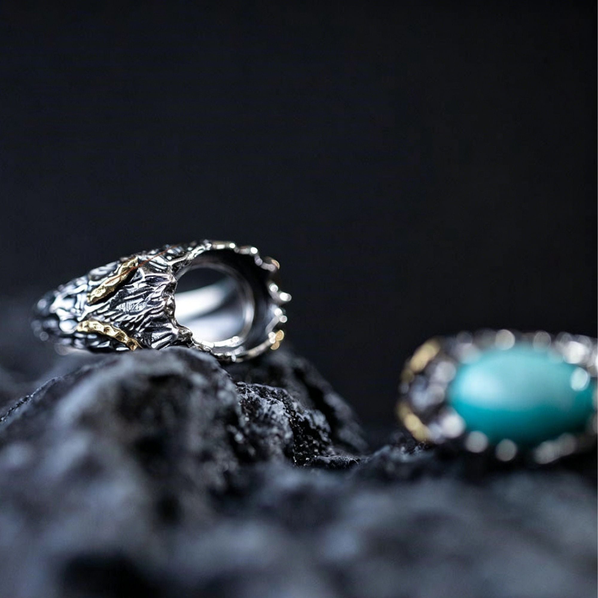 925 Sterling Silver Natural Turquoise Ring with Twisted Gold Accents