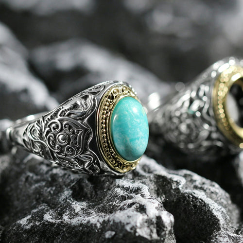 925 Sterling Silver Natural Turquoise Ring with Engraved Scrollwork