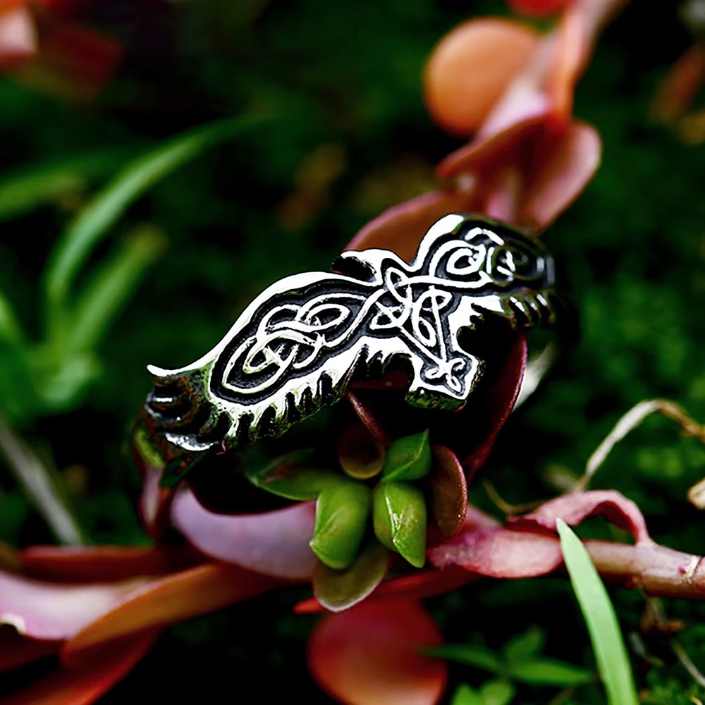 Viking Celtic Knot Raven Stainless Steel Slim Ring