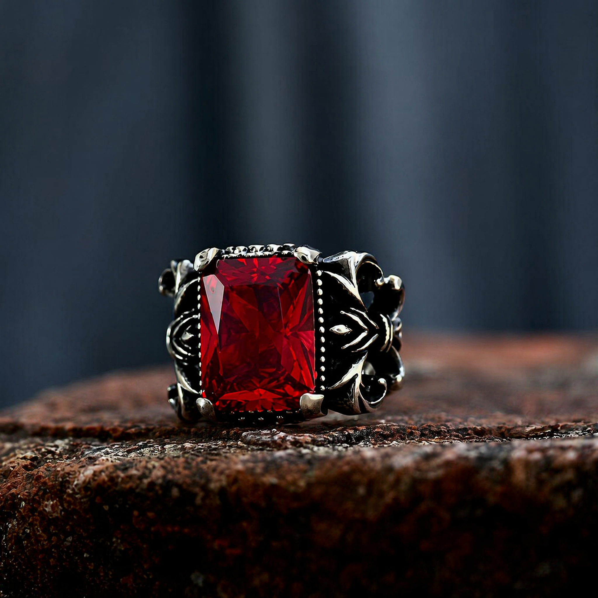 Knight Style Gemstone Inlaid Stainless Steel Ring