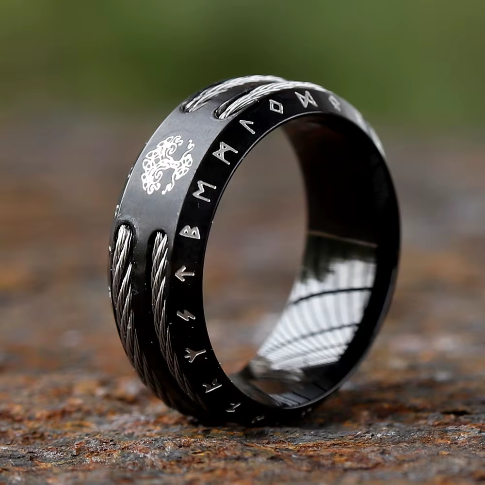 Yggdrasil Rune Wire Inlay Stainless Steel Ring