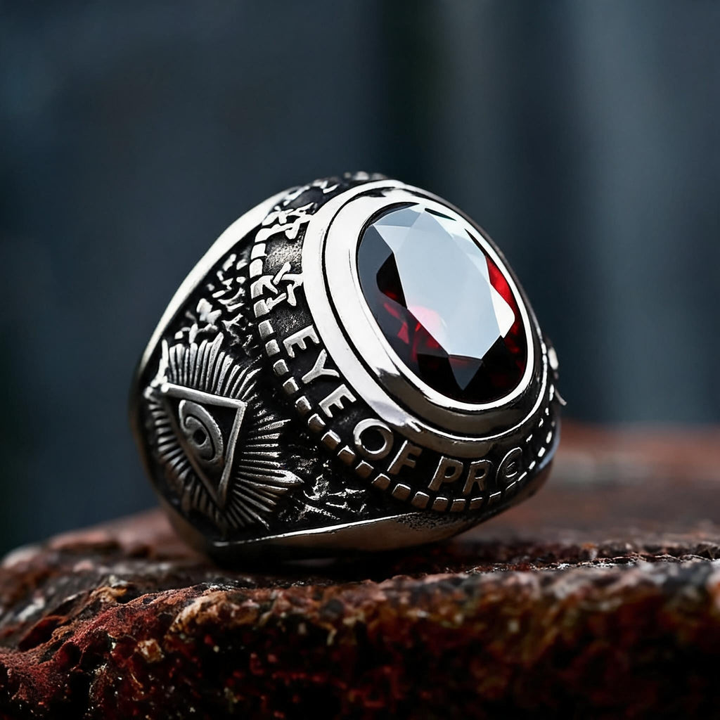Ruby-Sapphire Triangle Eye Stainless Steel Ring