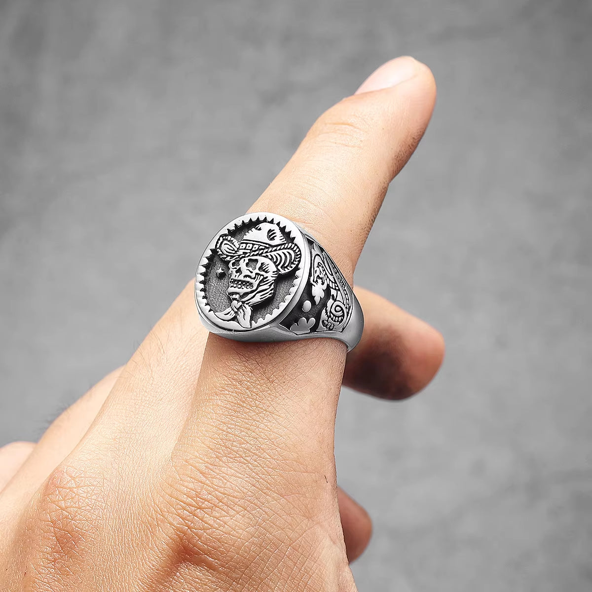 Western Cowboy Skull Signet Stainless Steel Ring