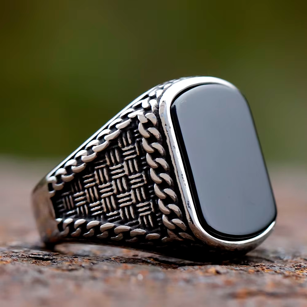 Woven‑Pattern Onyx Inlaid Stainless Steel Ring