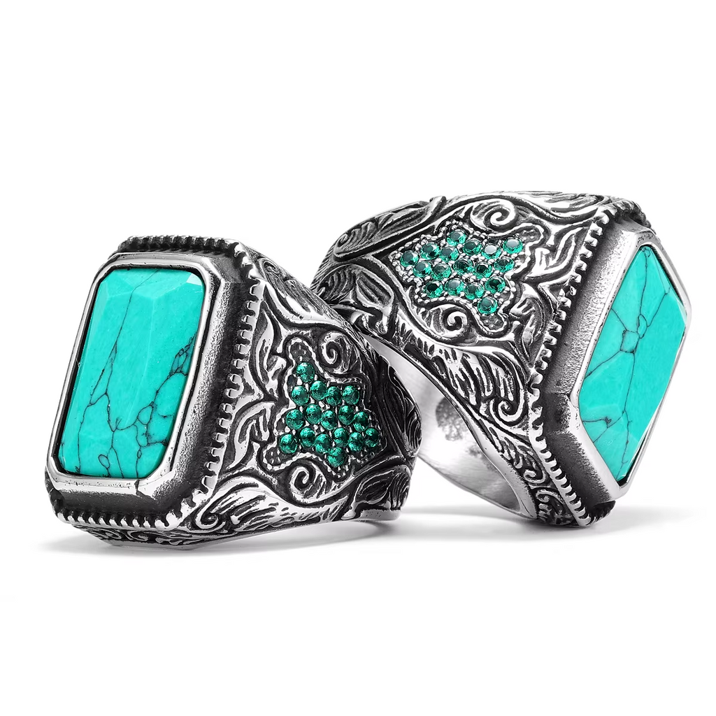 Carved Multi‑Gem Stainless Steel Ring