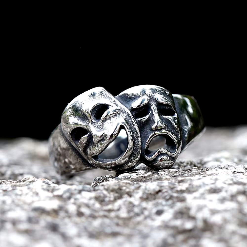 Comedy Tragedy Theater Mask Stainless Steel Ring