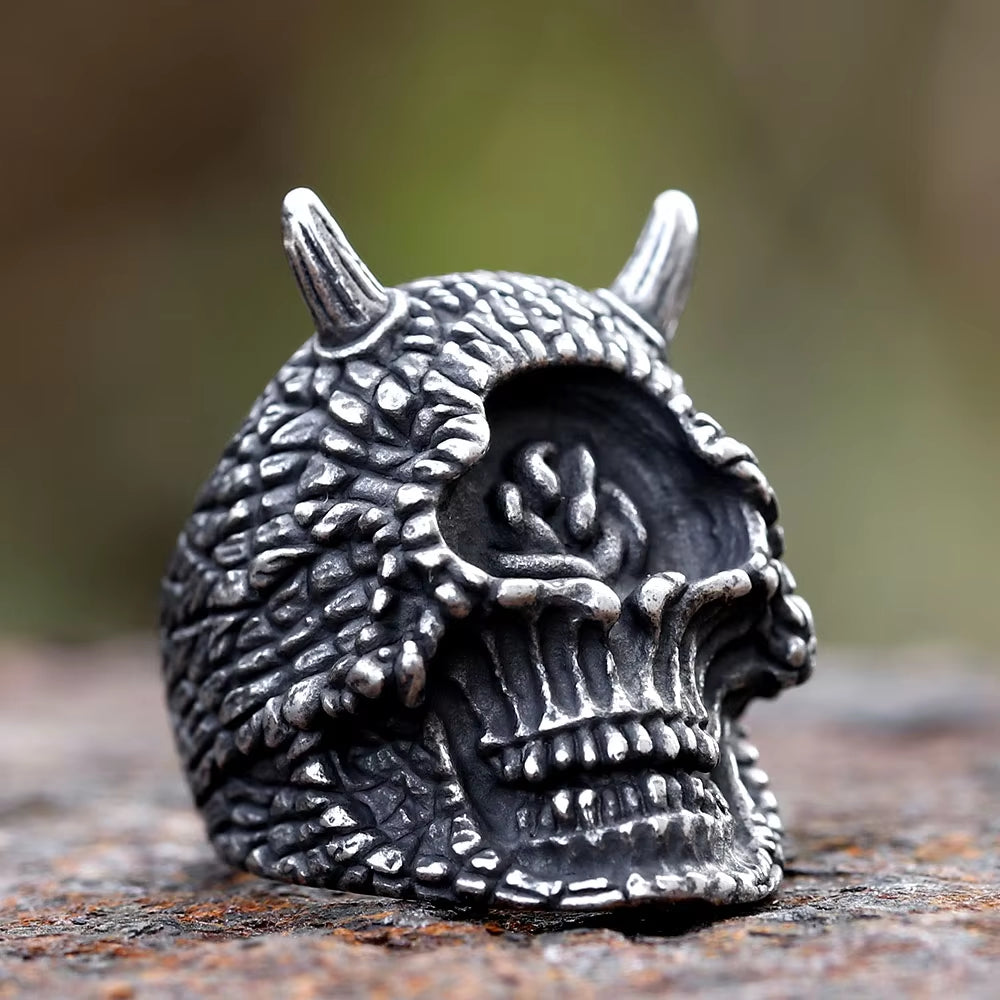 Horned Demon Skull with Rose Stainless Steel Ring