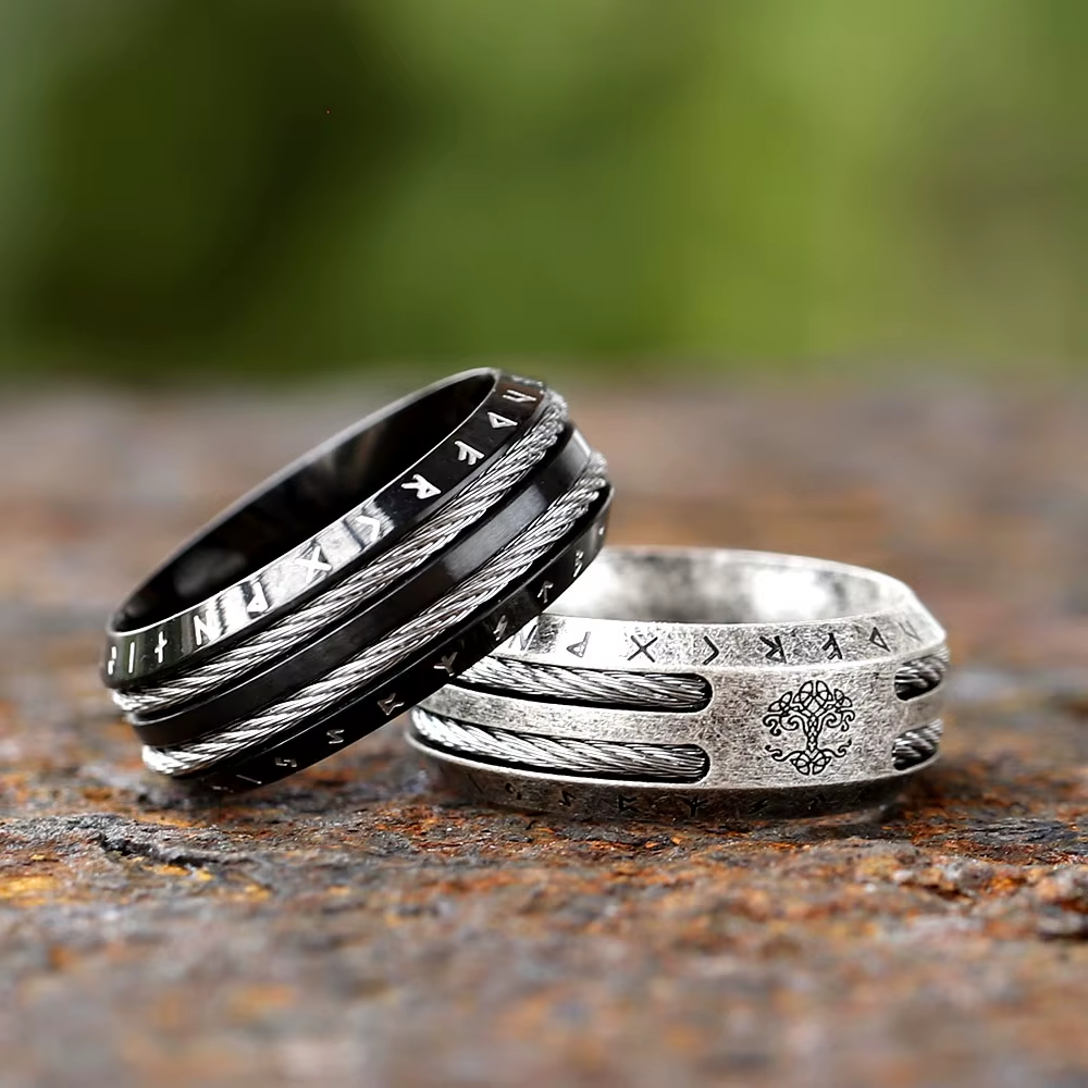 Yggdrasil Rune Wire Inlay Stainless Steel Ring