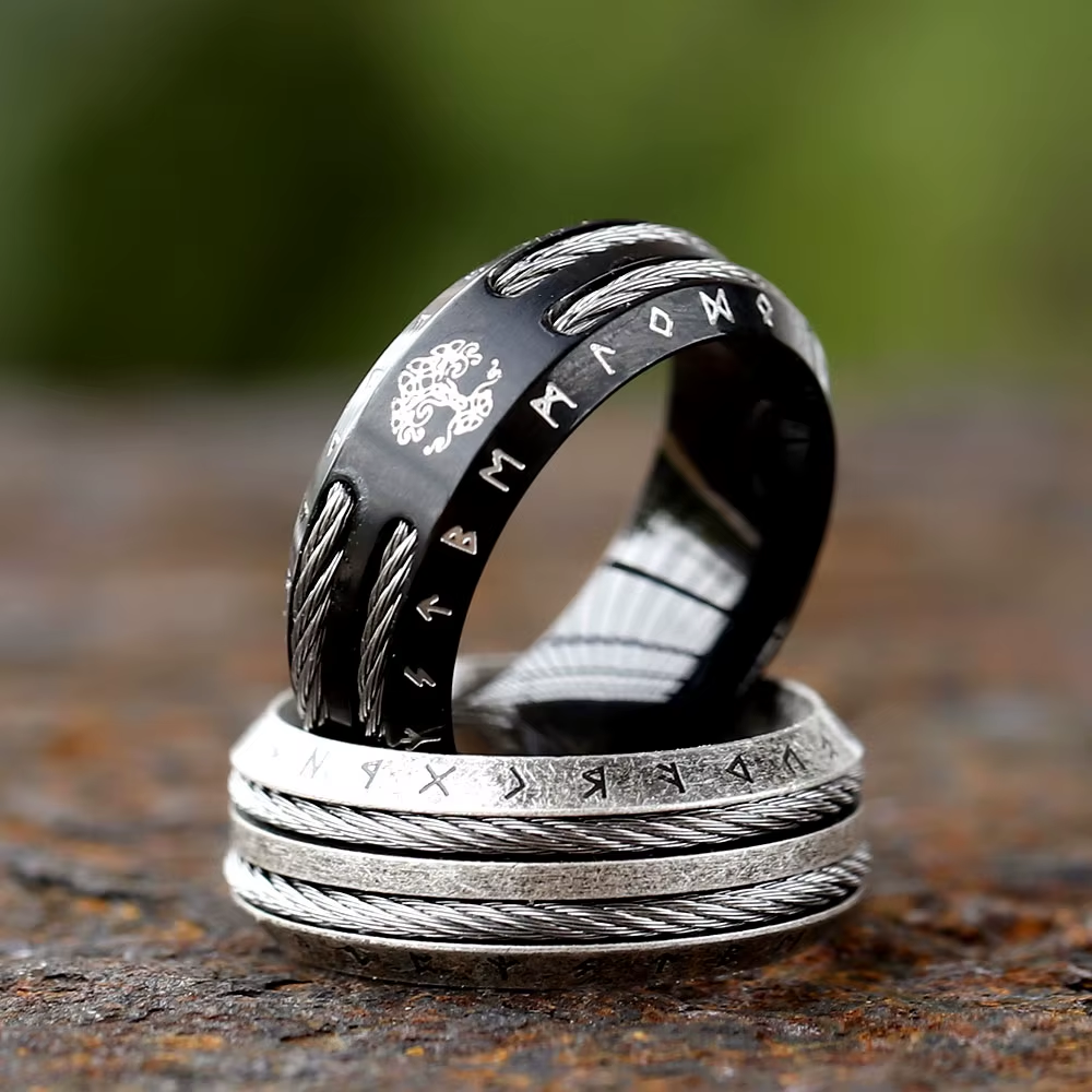 Yggdrasil Rune Wire Inlay Stainless Steel Ring