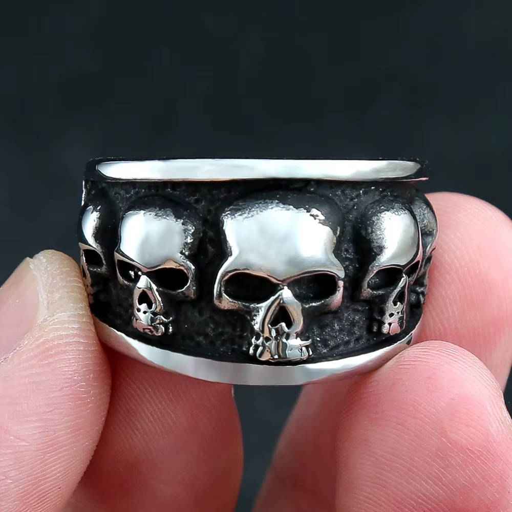 Vintage Multi Skull Wide Band Stainless Steel Ring