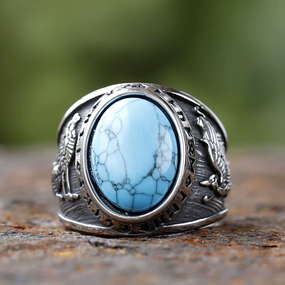 Turquoise Raven Rune Stainless Steel Ring