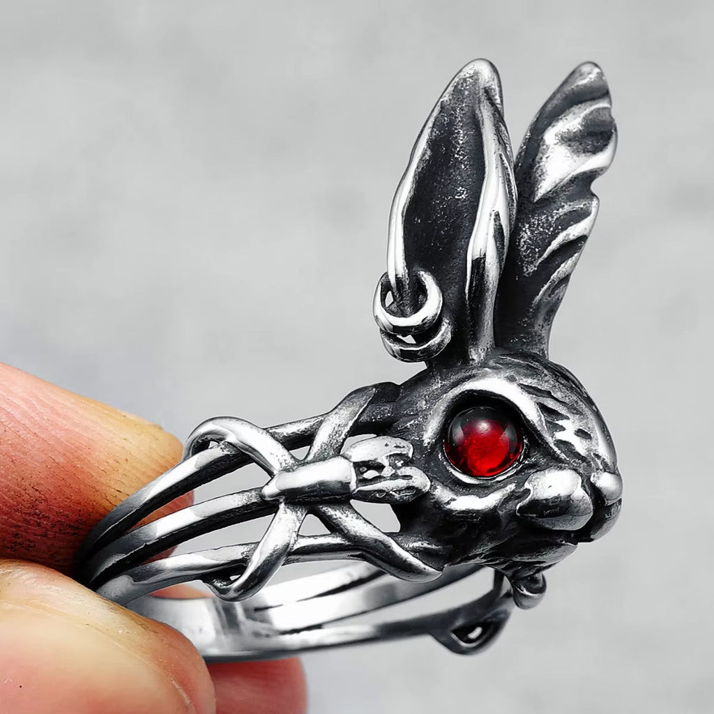 Gothic Red-Eyed Rabbit Vine Stainless Steel Ring