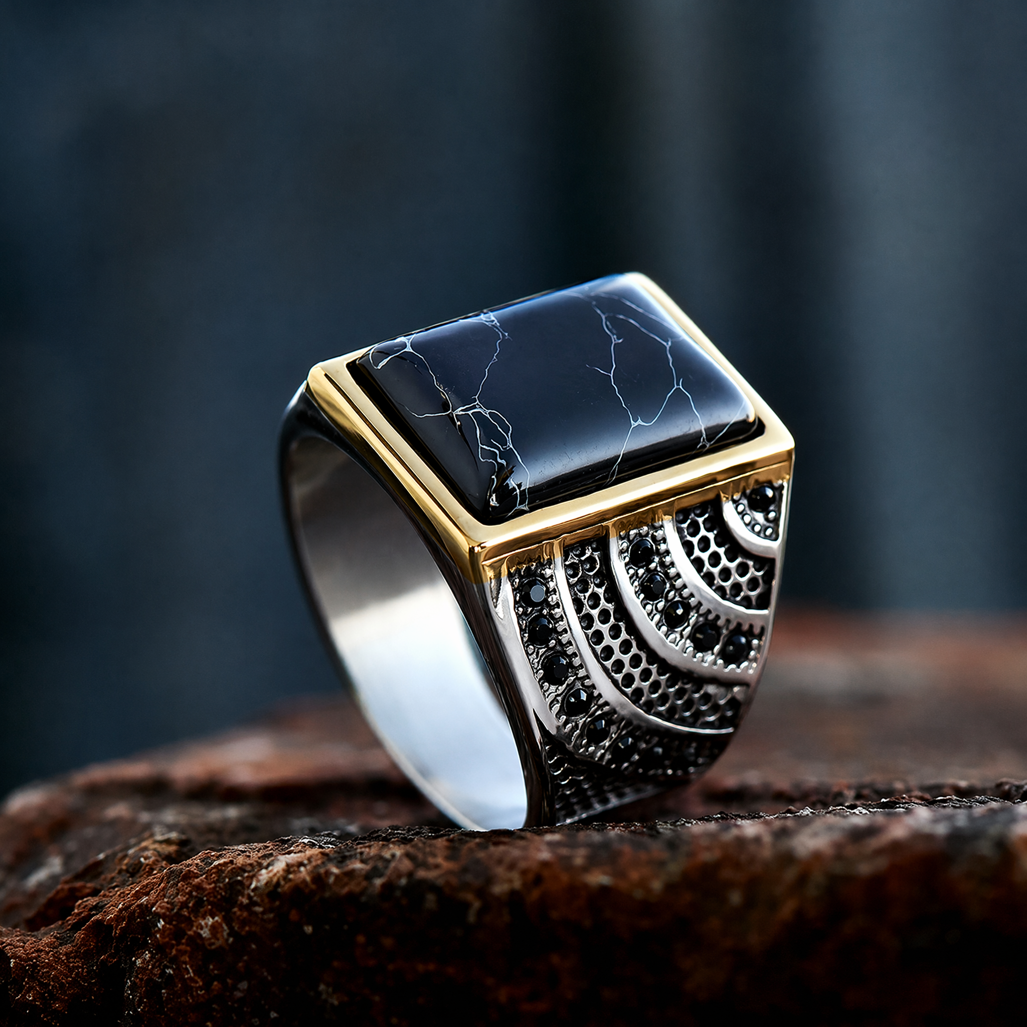 Black Agate Stainless Steel Ring