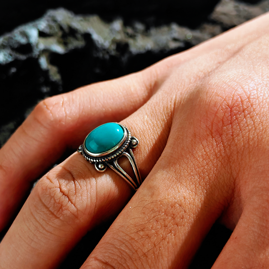 Bohemian Openwork Turquoise Adjustable Band 925 Sterling Silver Ring