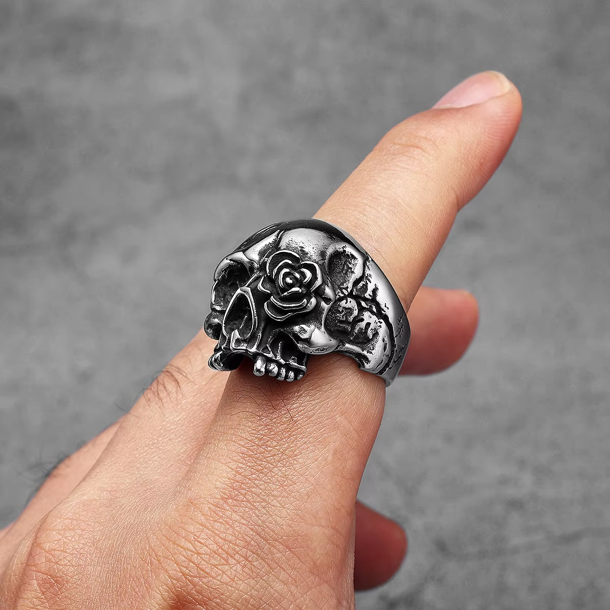 Dark Romantic Skull Rose Stainless Steel Gothic Ring