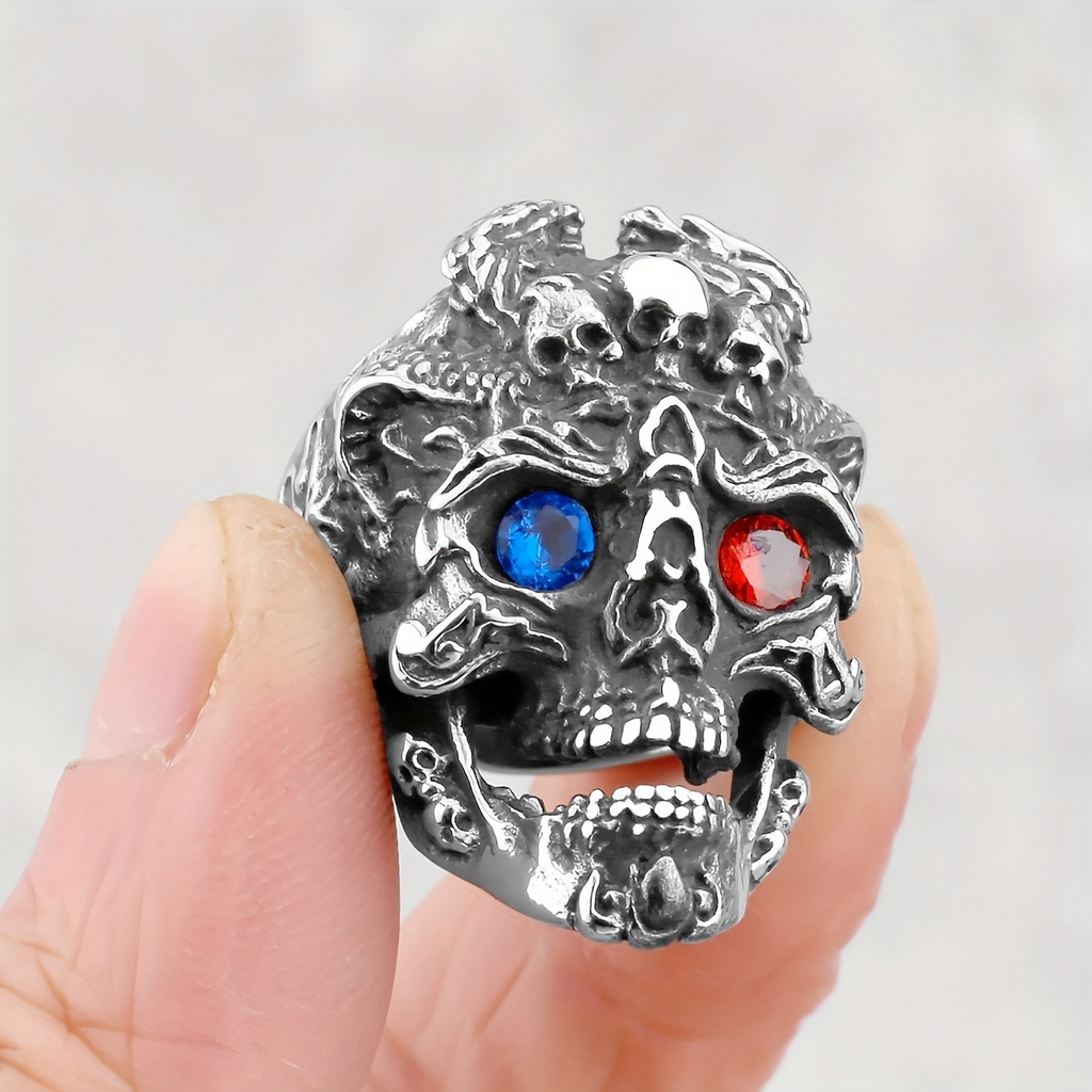 Gemstone Eyes Skull Stainless Steel Biker Ring