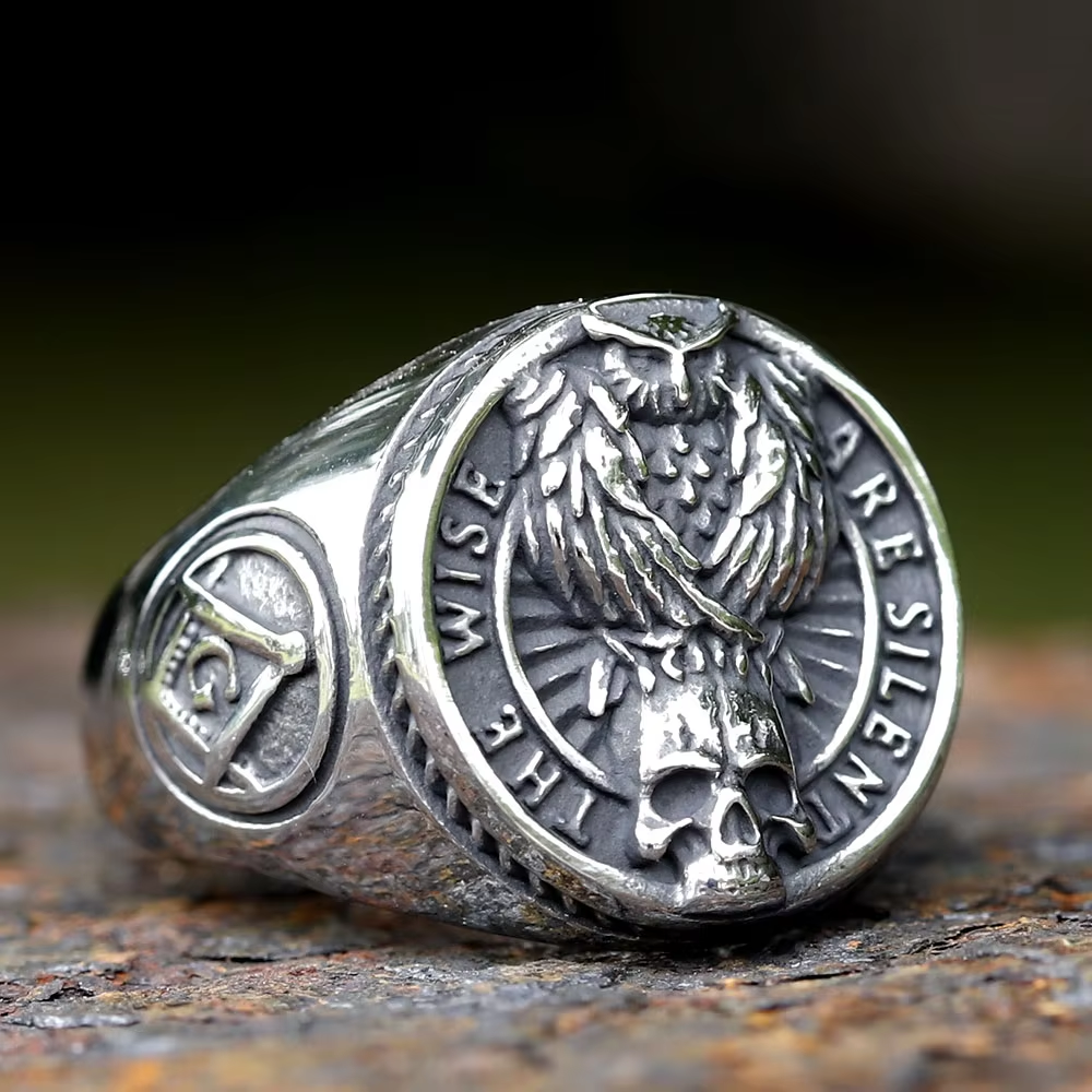 "The Wise Are Silent" Owl Skull Masonic Signet Ring