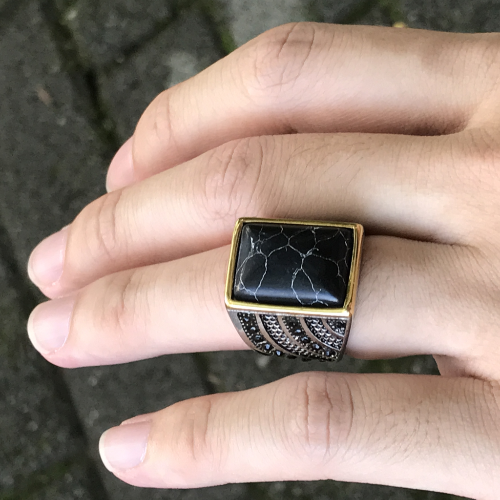 Black Agate Stainless Steel Ring