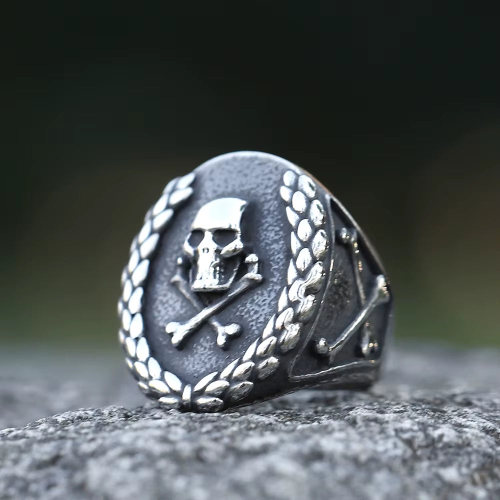 Vintage Laurel Wreath Skull Signet Stainless Steel Ring