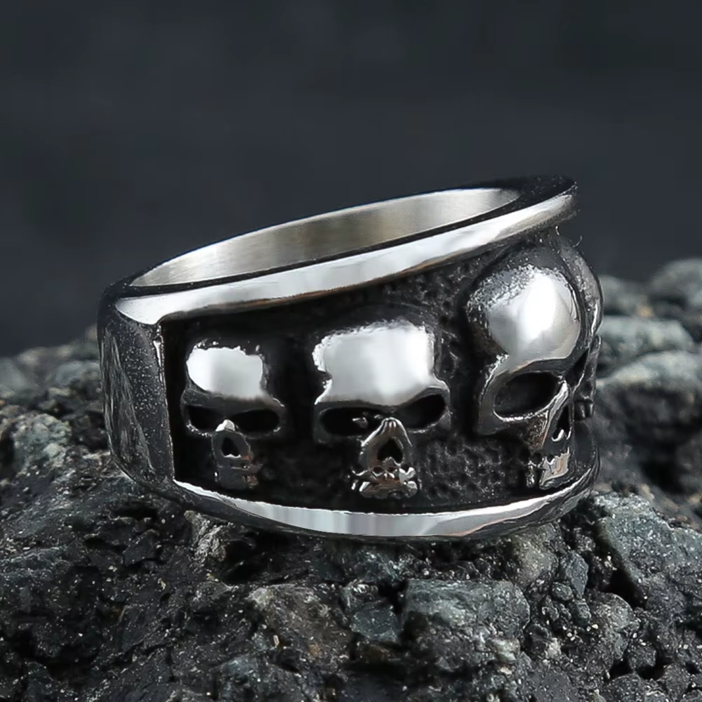Vintage Multi Skull Wide Band Stainless Steel Ring