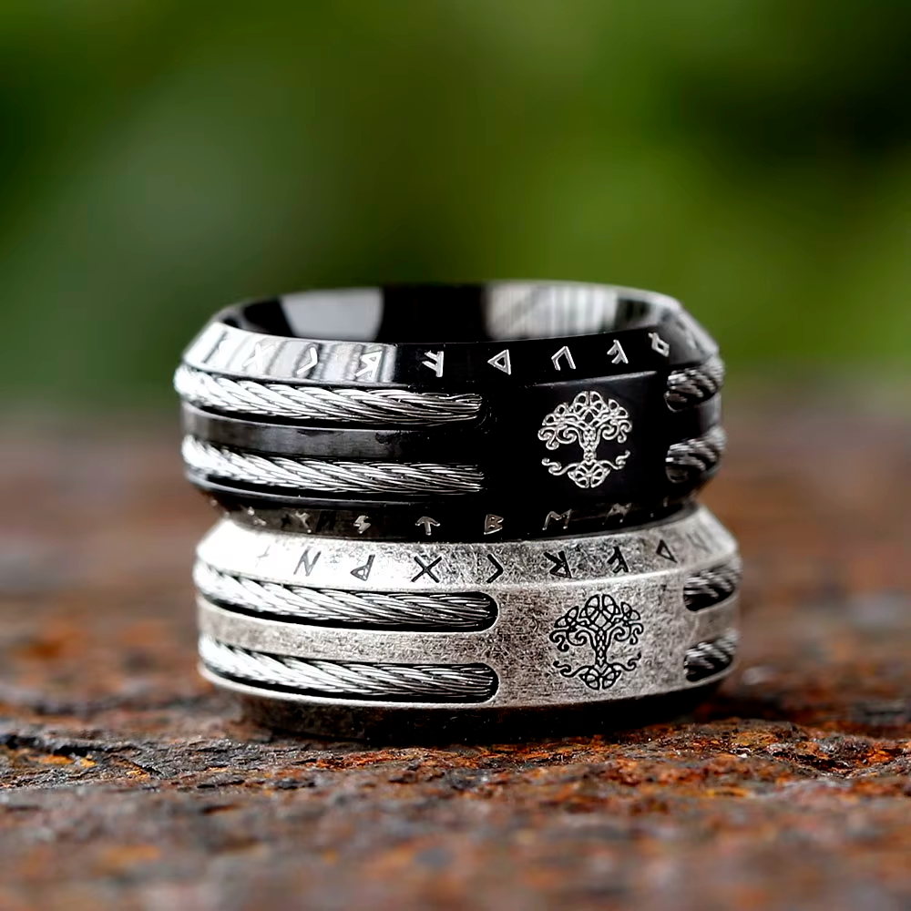 Yggdrasil Rune Wire Inlay Stainless Steel Ring