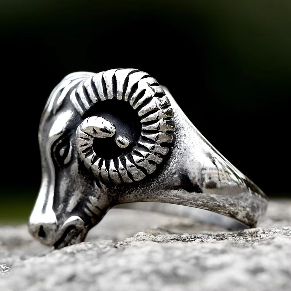Vintage 3D Ram Head Stainless Steel Ring