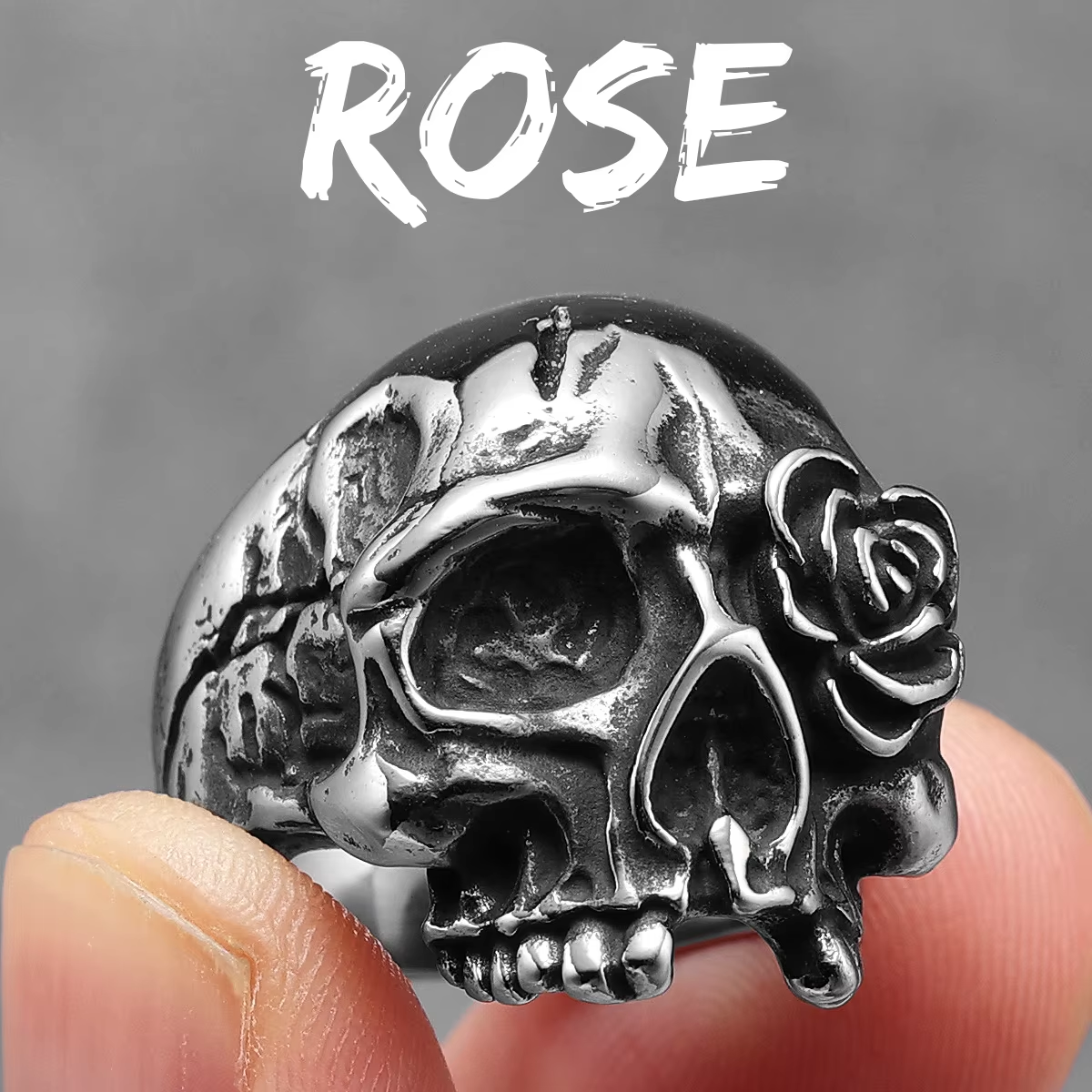 Dark Romantic Skull Rose Stainless Steel Gothic Ring