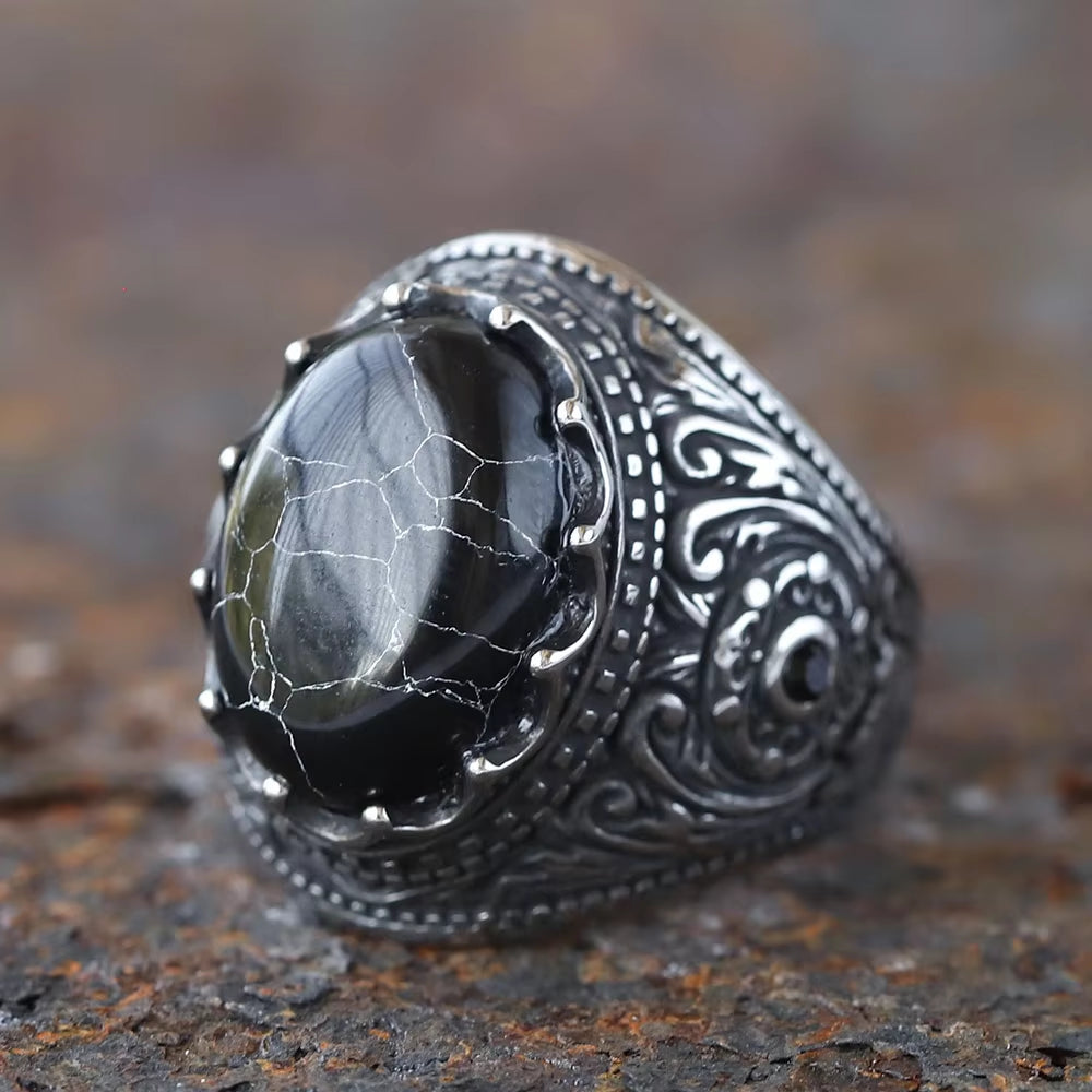 Vintage Floral Carved Black Cracked Stone Stainless Steel Ring