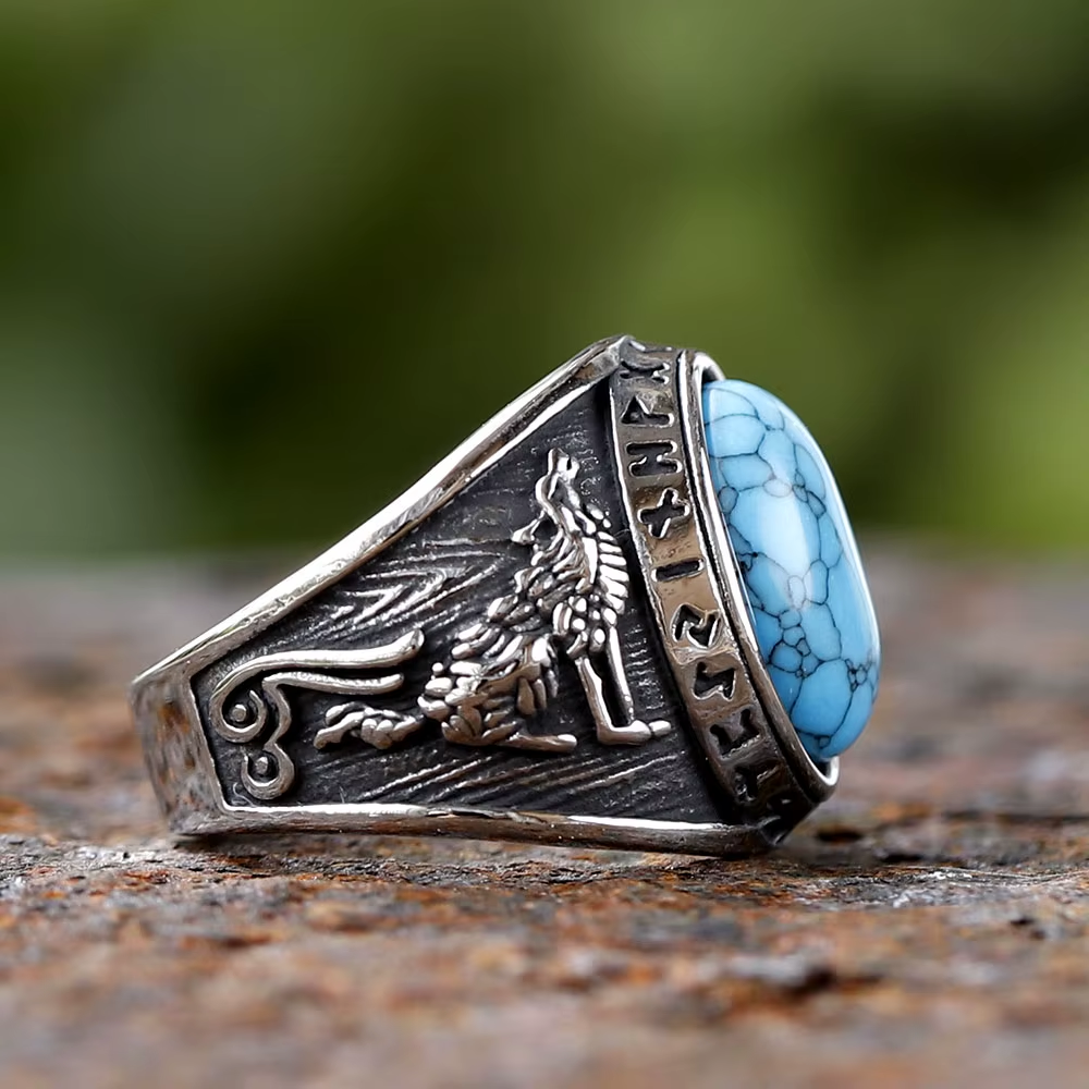 Turquoise Raven Rune Stainless Steel Ring