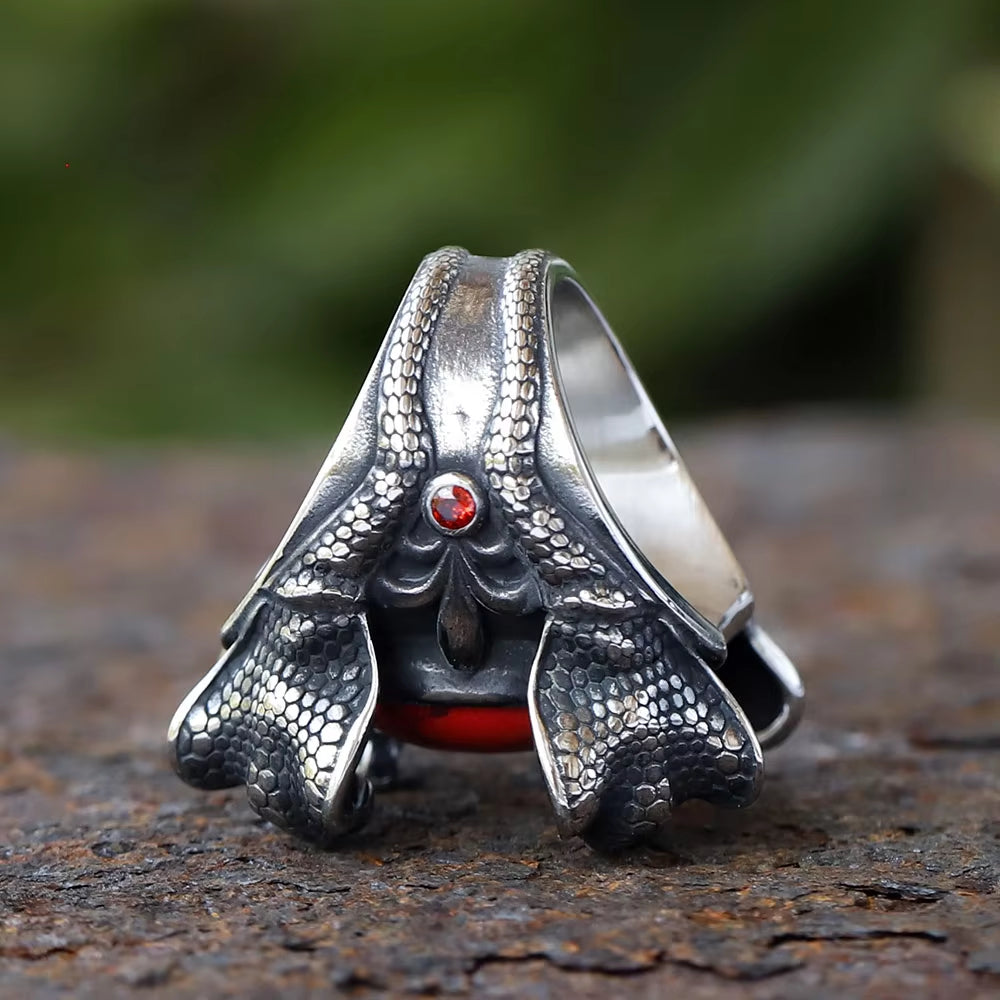 Four Cobra Head Red Stone Stainless Steel Ring