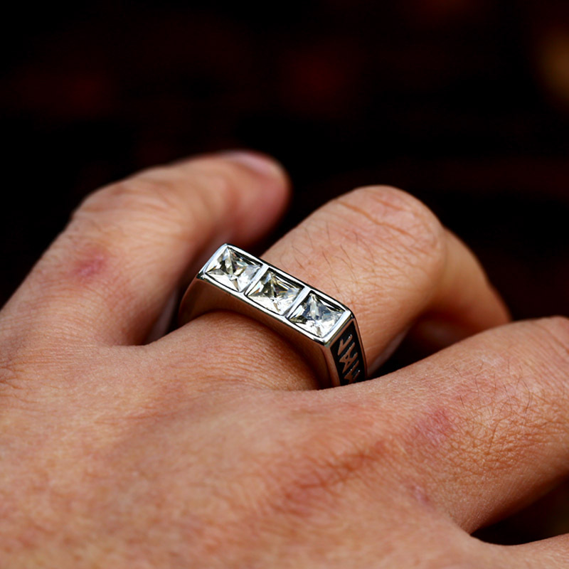 Square Gem Engraved Wide Stainless Steel Ring