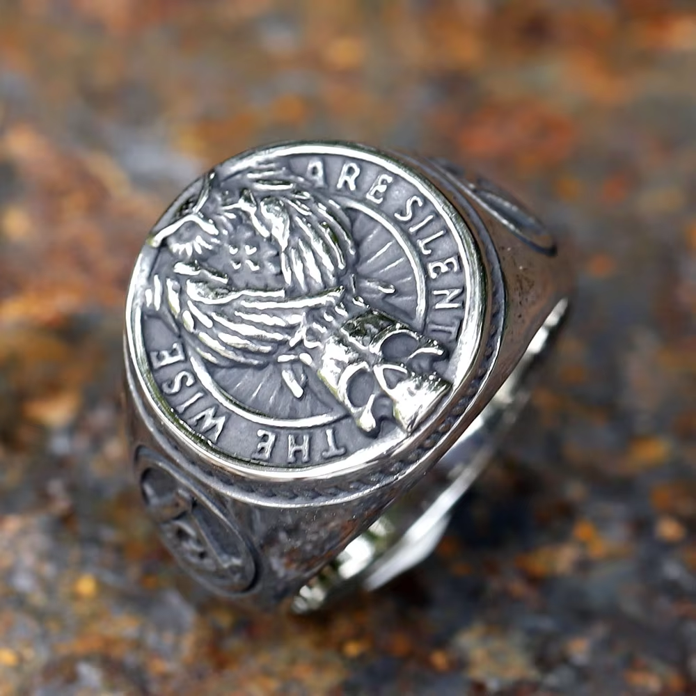 "The Wise Are Silent" Owl Skull Masonic Signet Ring